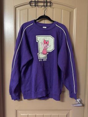 Disney Purple Pullover Sweatshirt with Pink Piglet Patch and White Piping